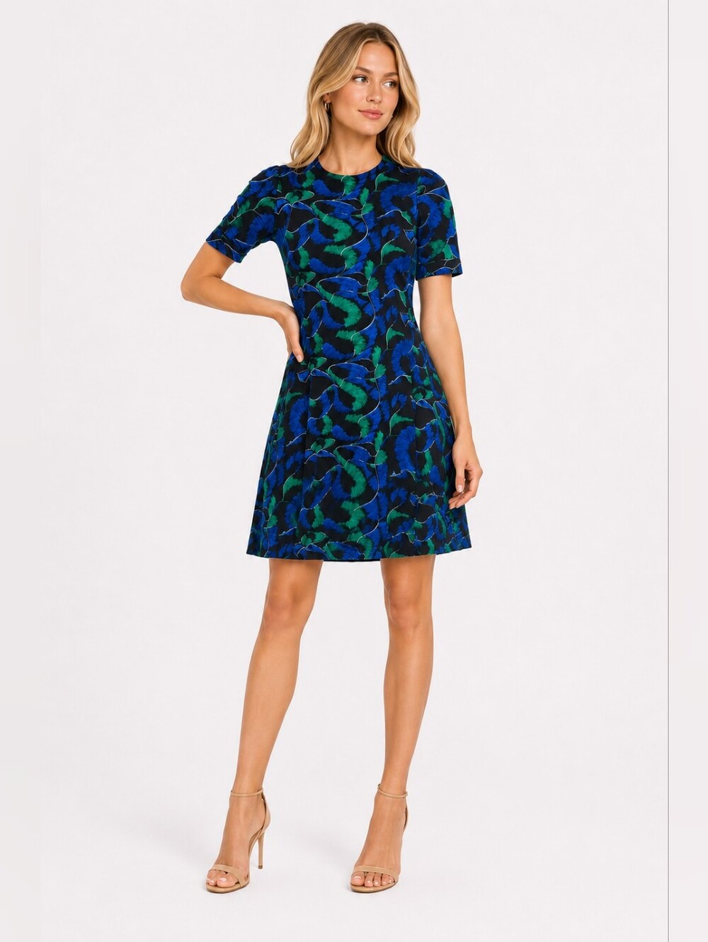 Kenzo Paris Blue and Green Printed Puff-Sleeve Mini Dress Wool Blend